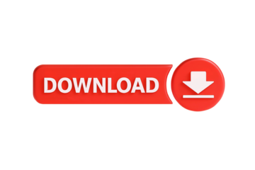 Bright red download button with a white down arrow icon isolated on transparent background
