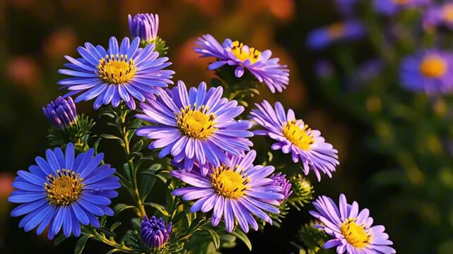 Gentle motion purple flowers blooming vibrant asters in springtime garden breeze