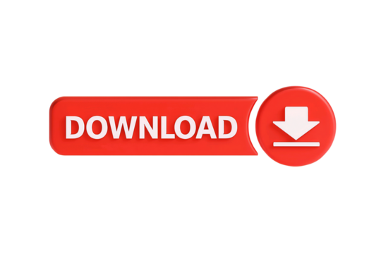 Bright red download button with a white down arrow icon isolated on transparent background