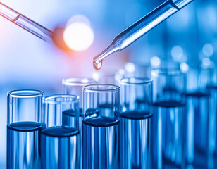 Laboratory Pipette Dropping Liquid into Test Tubes with Blue Hue