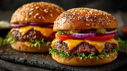 Two juicy cheeseburgers with melted cheese, lettuce, tomato, and red onion on sesame seed buns.