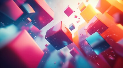An abstract image featuring colorful cubes in a dynamic arrangement, creating a sense of depth and movement in a vibrant, digital environment.
