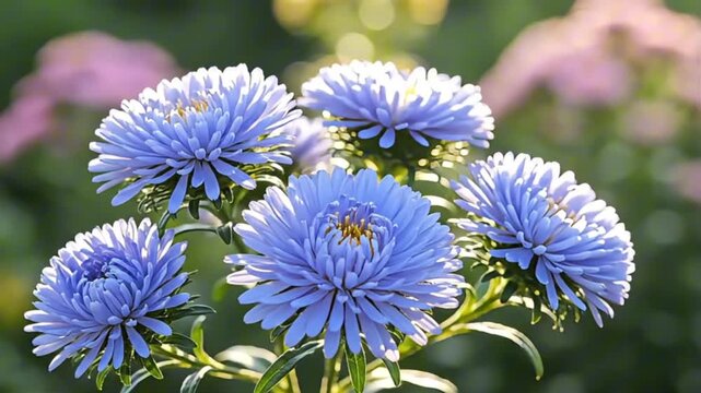 Gentle focus on beautiful blue aster flowers blooming in sunlight in the garden