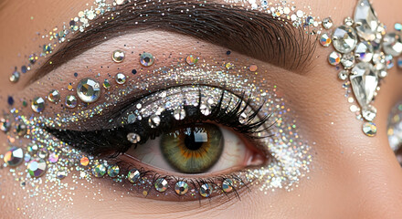Close up of eye with glitter and rhinestone makeup