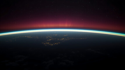 Fototapeta premium The image captures a high-altitude orbital view of Earth's curved horizon at twilight, highlighting the color gradient and horizon curvature without any spacecraft or clouds.