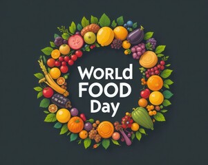A vibrant circular arrangement of fresh fruits and vegetables, symbolizing global nutrition, healthy eating, and a bountiful harvest