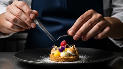 Chef meticulously plates lemon tartlet with tweezers, adding delicate floral garnish and raspberry for a refined dessert presentation