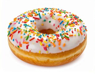 Sweet Glazed Donut with Colorful Sprinkles Isolated on White Background for Dessert Object, Pastry Concept and Delicious Snack Decoration