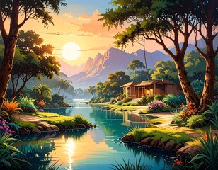 Lush tropical valley at sunrise, tranquil scene with a small cabin by a river