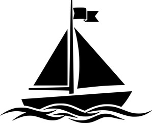 Silhouette of Sailboat with Flag on Mast Floating on Water Waves Design