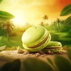 Two green macarons in a tropical setting vibrant colors perfect for food blogs and summer promotions