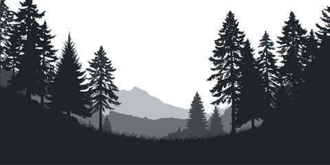 Fototapeta premium Mountain landscape viewed through evergreen silhouettes, layered landscape