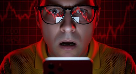 A horrified investor expresses shock and despair while watching the stock market crash on his smartphone, with the red bearish chart reflected in his glasses