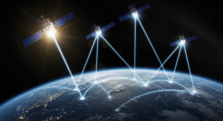 Global communication network with satellites orbiting earth, connecting continents with data streams.