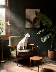 Elegant White Dog Resting on Green Chair in Modern Interior Setting