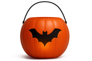 Halloween pumpkin basket with bat shape and transparent background illuminating from the inside
