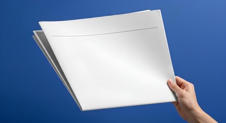 Realistic mockup of a hand holding a blank newspaper. Empty page for your design or headline, isolated on a blue background
