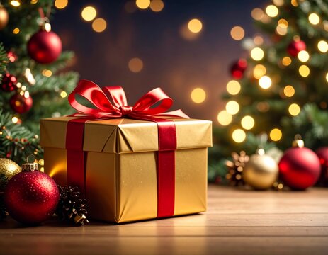 Golden gift box under Christmas trees