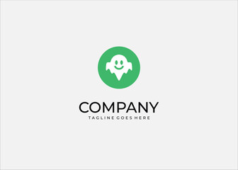 Flat vector illustration of a cute smiling ghost character inside a green circle. Simple, modern, and friendly mascot design suitable for Halloween, kids apps, gaming or stickers.