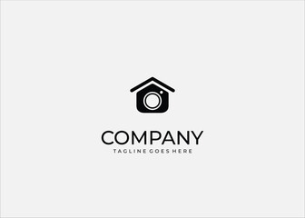 Minimalist black and white vector illustration of a smart home camera or house with lens icon. Perfect for real estate branding, property photography, security system, surveillance, technology, smart 