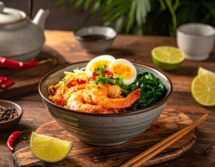 Asian Noodle Bowl with Shrimp, Boiled Egg, Chili, and Leafy Greens