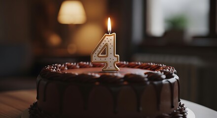 Delicious chocolate cake with a lit number four candle for a birthday celebration