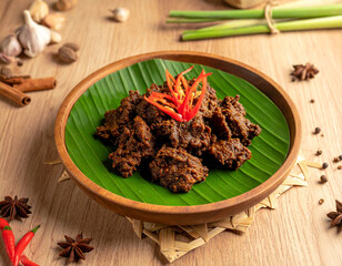 Traditional Indonesian Beef Rendang Served on Banana Leaf Plate