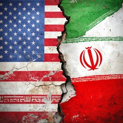 US and Iranian flags fractured by cracked wall