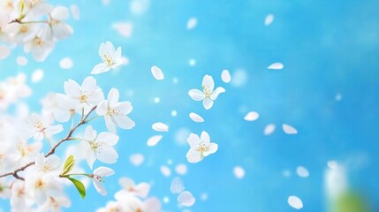White flowers petals on light blue background