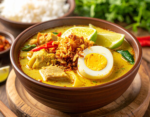 Indonesian Soto Ayam with Boiled Egg, Fried Shallots, and Lime