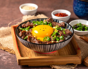 Japanese Beef Rice Bowl with Raw Egg Yolk and Green Onions