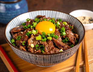 Japanese Beef Rice Bowl with Raw Egg Yolk and Green Onions