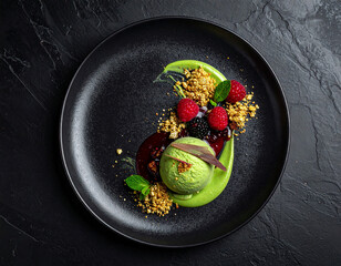Luxury Matcha Dessert with Berries and Edible Gold on Black Plate