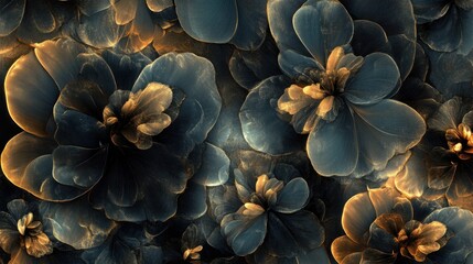 translucent abstract flowers in deep blue and golden tones, creating a luxurious and futuristic aesthetic