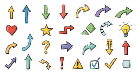 Illustration of various hand drawn arrows and symbols in different colors