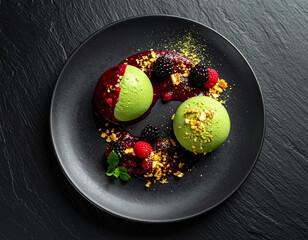 Luxury Matcha Dessert with Berries and Edible Gold on Black Plate