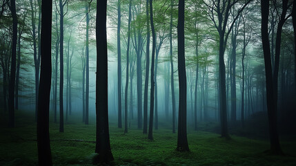 Obraz premium Misty forest with shadowy trees and soft light, creating an enchanting, mysterious, and calm nature landscape for any mood.