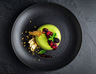 Luxury Matcha Dessert with Berries and Edible Gold on Black Plate