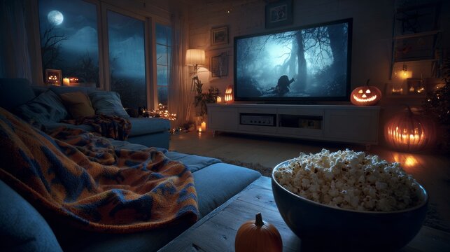 Comfortable evening scene with festive Halloween elements and a spooky movie playing, cozy