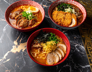 Three Bowls of Japanese Ramen with Rich Toppings on Marble Table
