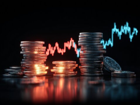 Stacks of coins in dramatic lighting set against an economic indicator backdrop highlighting