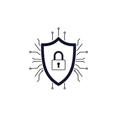 Digital shield with padlock symbolizing data security and network protection.