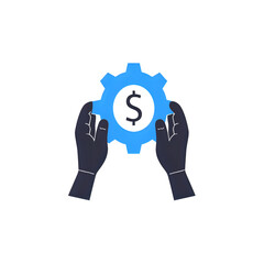Hands holding a gear with a dollar sign, symbolizing financial mechanics and business success.