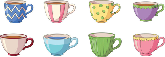 Colorful decorative teacups with unique patterns, stripes, polka dots, scalloped rims, ceramic drinkware collection, flat design, vector art, CAD drawing kitchen illustration