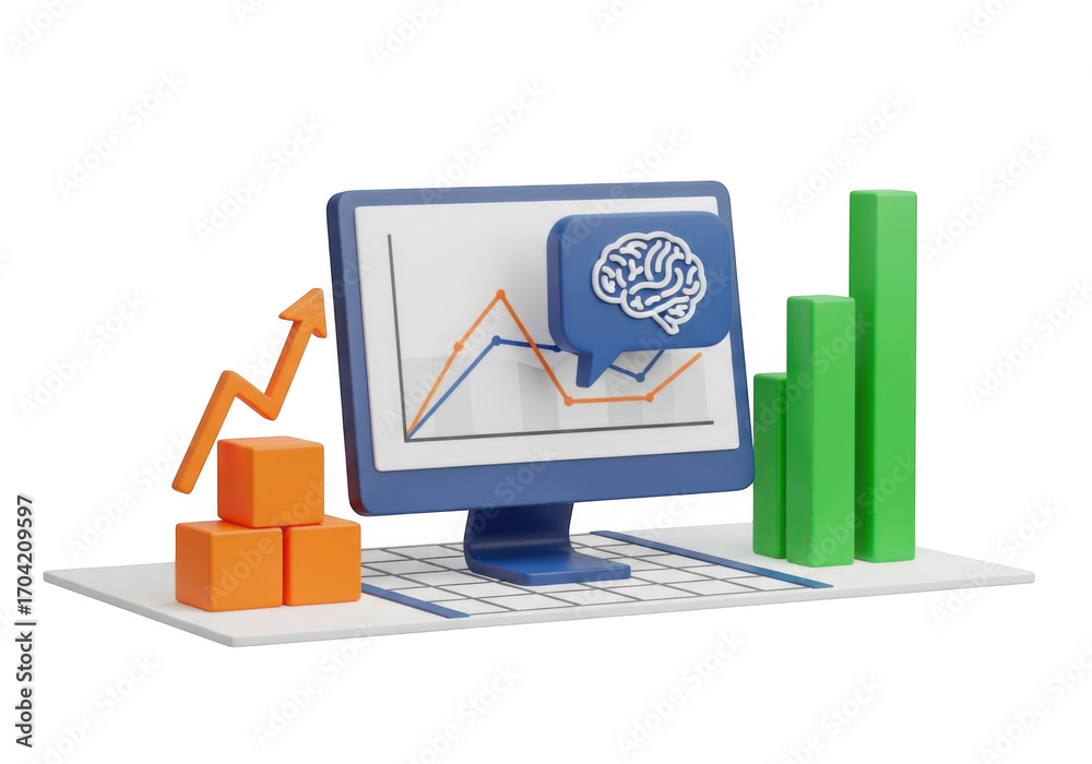Wall mural 3d illustration of a computer monitor displaying a stock chart with a speech bubble saying stock her