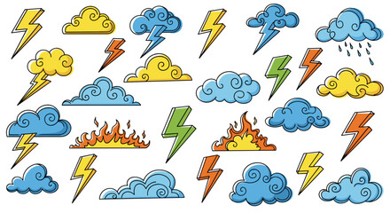 Illustration of clouds, lightning bolts, and flames in various colors