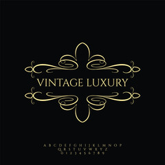 Elegant Vintage Luxury Gold Frame Ornate Swirls, Serif Font, Premium Design Element.