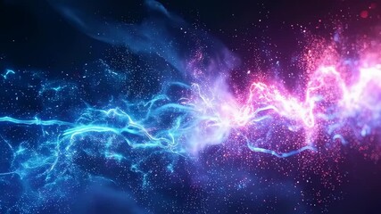 A cinematic, futuristic energy storm with a powerful bolt of glowing light. Neon fragments swirl in the air amid smoke and sparks, creating an abstract, dynamic, and dramatic visual effect - Powered by Adobe