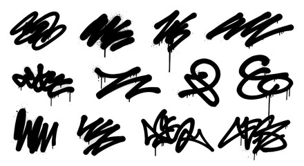 Collection of twelve abstract black graffiti style spray paint designs