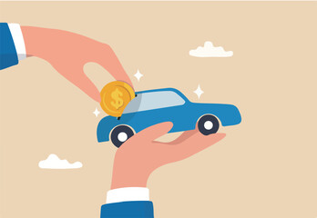 Car leasing or car loan, borrow money to buy new car, rental or auto maintenance cost, debt, purchase or buy new vehicle concept, businessman hand owner put dollar money coin into new car.